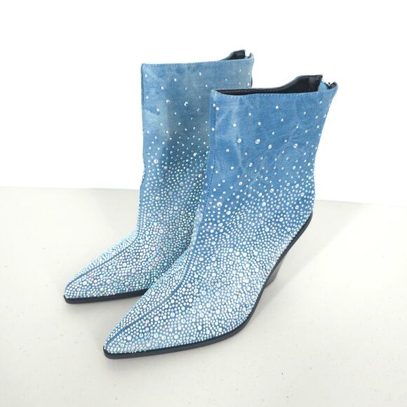 Azalea Wang Soulard Denim Western Rhinestone Booties Size 8.5 - Picture 2 of 16